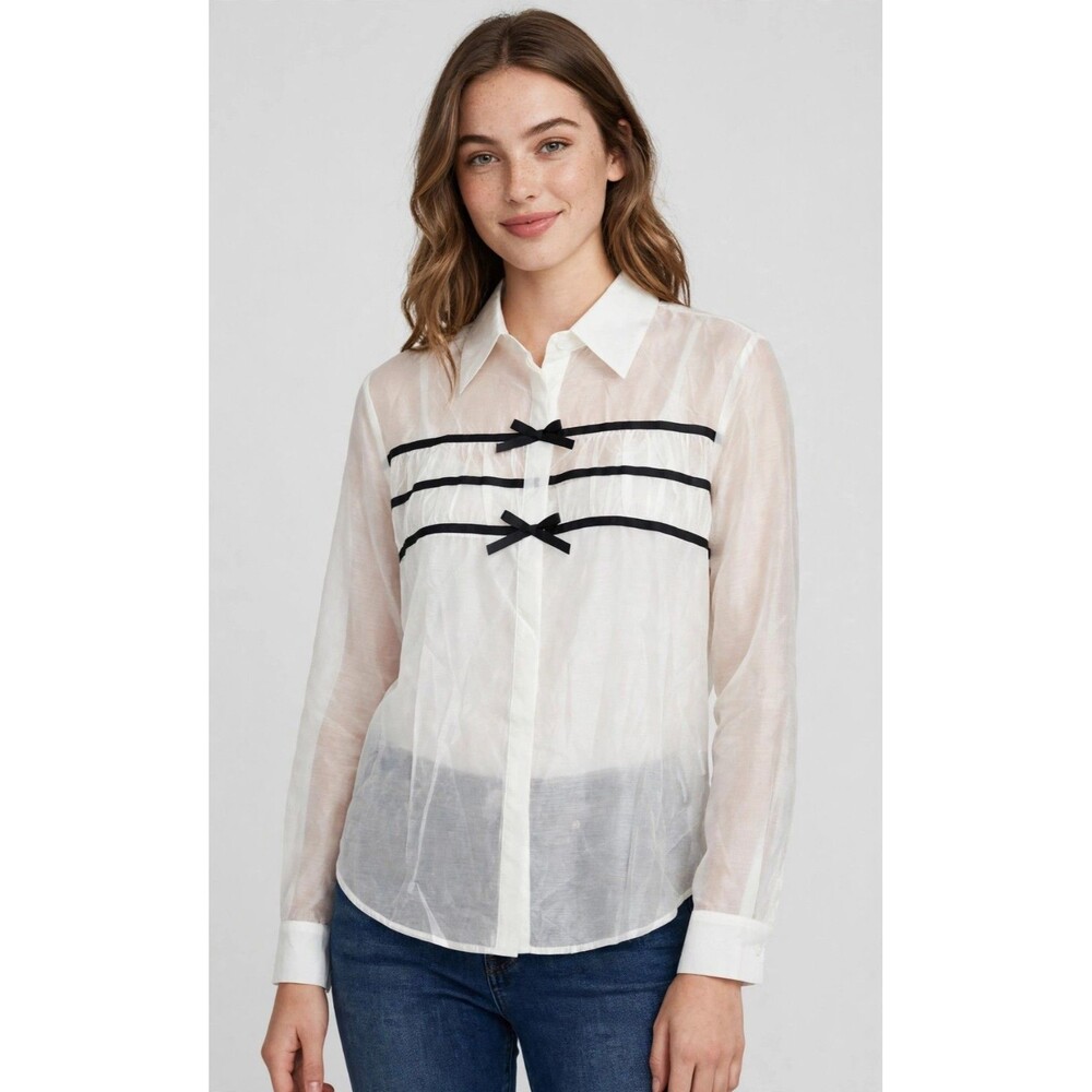 Women's White Black Ribbon Bow Blouse Size L Coquette Preppy Kawaii Sheer Shirt